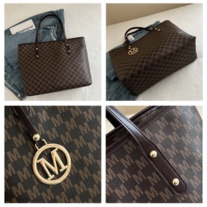 Detailed views of a brown tote bag featuring letter M prints and a golden logo charm