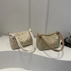 Floral Embroidery Straw Woven Pillow Bag Mini Crossbody Handbag For Women Casual Vacation Pastoral Style Shoulder Bag