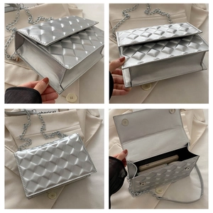 Detailed views of silver quilted chain shoulder bag with metal texture and flap closure