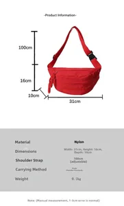 Tableau des dimensions du sac banane en nylon rouge affichant 31cm de largeur