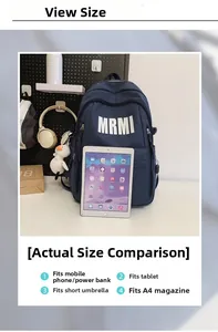 Detail view of navy waterproof nylon backpack showing large capacity with iPad comparison