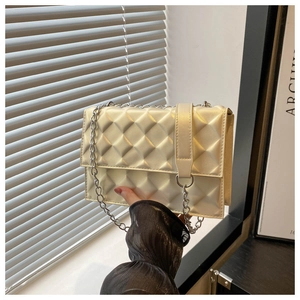 Close-up of beige quilted crossbody bag with silver chain strap and embossed texture