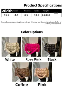 Size guide for ruched cloud underarm bag with chain strap dimensions in five colors