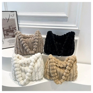 Women Large Capacity Striped Plush Tote Bag Soft Faux Fur Shoulder Bag With Pom Pom Strap Winter Commuter Handbag
