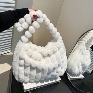 White faux fur tote bag with textured plush design for women winter shoulder carry