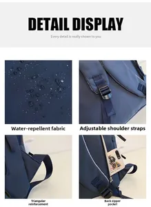 Detail display of water-resistant fabric and reinforced stitching on blue backpack