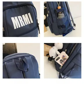 Detail views of navy blue backpack featuring water-resistant fabric and side pocket utility