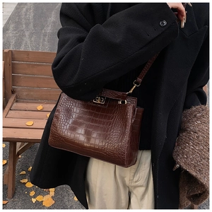Détail du sac vintage marron foncé à texture crocodile avec fermoir doré sur un banc