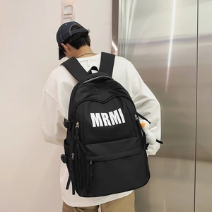 Minimalist black large capacity backpack with MRMI logo and cute duck pendant decoration