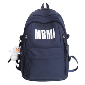 Navy blue large capacity backpack with MRMI print and cute white duck pendant