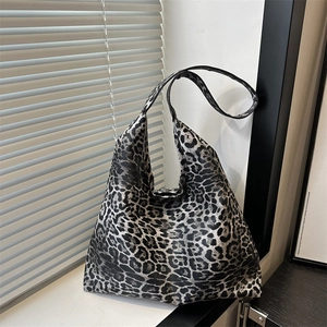 Chic leopard print oversized tote bag in gray fabric for women's casual street style
