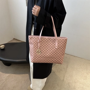 Pink monogram tote bag with gold metal pendant for women casual commute use