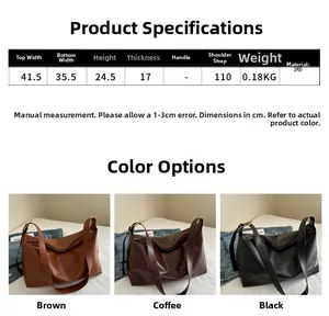 Size chart and dimensions for the minimalist PU leather tote bag with three color options
