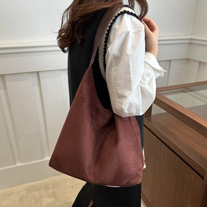 Minimalist large capacity dark brown hobo shoulder bag in retro faux suede finish