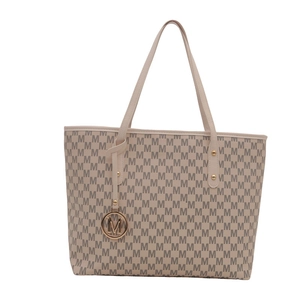 Large capacity tote bag with beige and brown M-letter monogram and metal pendant