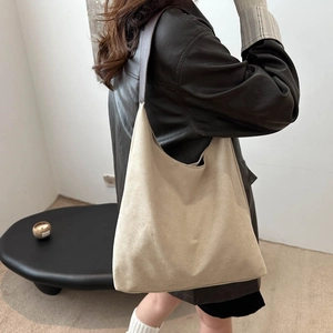 Minimalist large capacity hobo shoulder bag for women in apricot faux suede and coffee strap