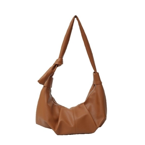 Minimalist caramel brown soft leather hobo bag with pleated crescent shape for women