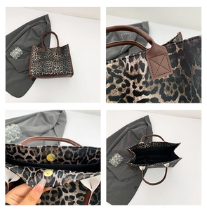 Detailed views of leopard print tote bag with magnetic clasp and reinforced stitching
