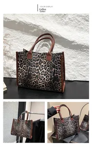 Detail view of large leopard print tote bag featuring brown leather handles and trims