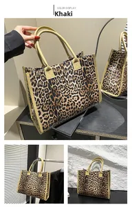 Detailed views of the khaki leopard print tote bag from multiple angles and positions
