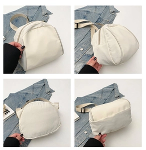 Detailed four-way view showing the beige canvas crossbody bag from multiple angles