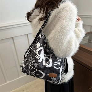 Large capacity canvas tote bag with black and white street graffiti art for women