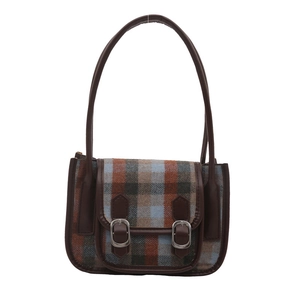 Borsa a tracolla retrò in tweed a quadri con cinturini in ecopelle marrone e fibbie