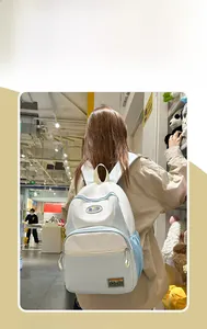 Rear view of a model wearing a light blue and white nylon backpack in a street fashion style