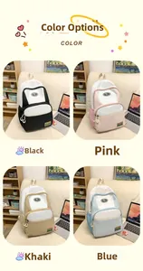 Collage of nylon backpacks in black, pink, khaki, and blue with mountain patch detail