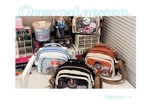 Détail du sac JK itabag avec fenêtre d'affichage en bleu, noir et orange en toile