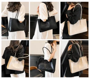 Collage of model wearing black and beige tote bags in casual and business outfits