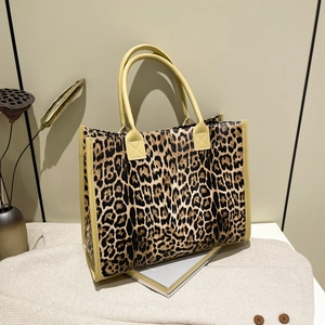 Large leopard print tote bag for women featuring stylish faux leather straps and trim