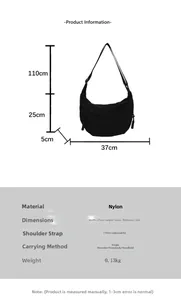 Tableau des tailles détaillé du sac croissant en nylon noir avec dimensions et mesures
