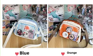 Vue détaillée des sacs ita bleu et orange avec fenêtres PVC pour badges et pin's