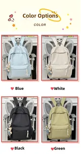 Detail view of nylon backpack in four colors with cute plush bear charms and side pockets