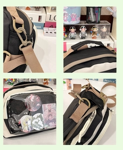 Détail du sac bandoulière bicolore en nylon avec grande fenêtre d'affichage transparente