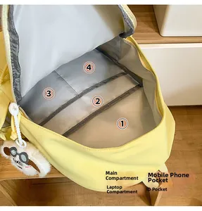 Detail view of yellow backpack interior featuring padded laptop sleeve and pockets