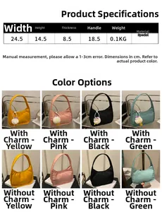Detailed dimension chart and color options for the stylish crescent nylon shoulder bag