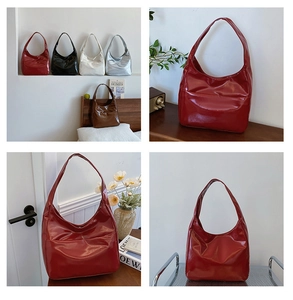 Collage of glossy hobo shoulder bags in red black and silver on lifestyle background