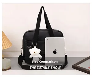 Size comparison of black Japanese JK uniform bag with white teddy bear charm and iPad