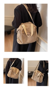 Detailed close-up of khaki corduroy tote bag texture and fashion label on the front