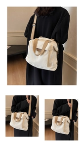 Detail view showing beige corduroy tote bag with adjustable strap and fashion label