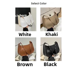 Selection of glossy crescent shoulder bags in white, khaki, brown, and black colors