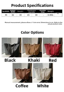 Detailed size chart and multi-color display of large woven PU leather tote bag for women