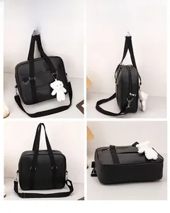 Collage of black Japanese JK style PU leather satchel with plush bear charm and straps