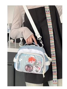 Détail de la fenêtre en PVC transparent du sac ita bleu affichant des badges anime