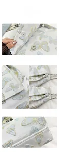 Vue détaillée du tissu jacquard papillon et du fermoir magnétique sur le sac fourre-tout