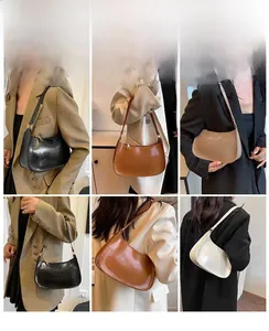 Detailed views of vintage crescent underarm bags in four colors on a female model