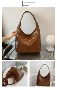 Detailed views of a brown patent leather hobo bag with glossy finish and front pocket