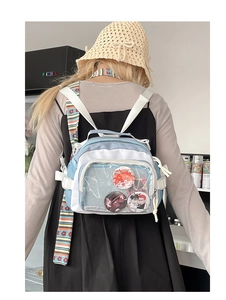 Détail de la fenêtre en PVC transparent du sac à dos ITA bleu et blanc avec badges